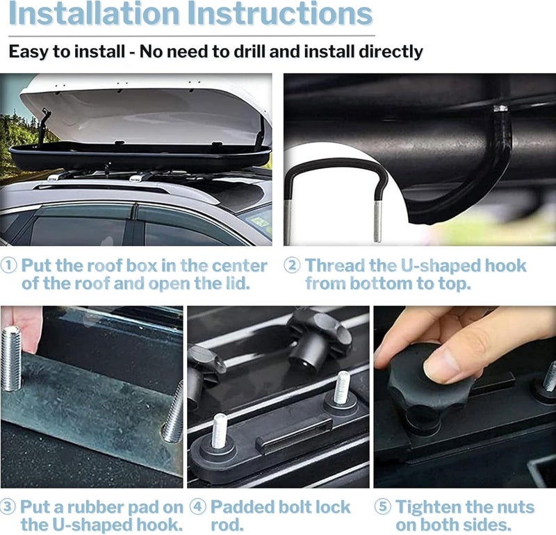 Lancisism 4 Pcs Roof Box U-Bolt Clamps, Upgraded Rooftop Cargo Carrier Rack Bolts, Car Van Mounting Fitting Kit 85mm Inner Width Metal U-Bracket Clips w/ 8 Lock Nuts 2 Straps - Image 5